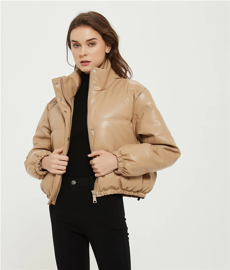 Damenbekleidung lässig einfarbig einfache Leder Baumwollkleidung für Damen Winter neue kleine Stehkragen Pu-Jacke_voghion.com