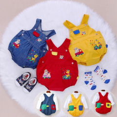 miki童裝 潮牌男女童卡通熊鹿開車刺繡牛仔田雞褲背帶褲代發