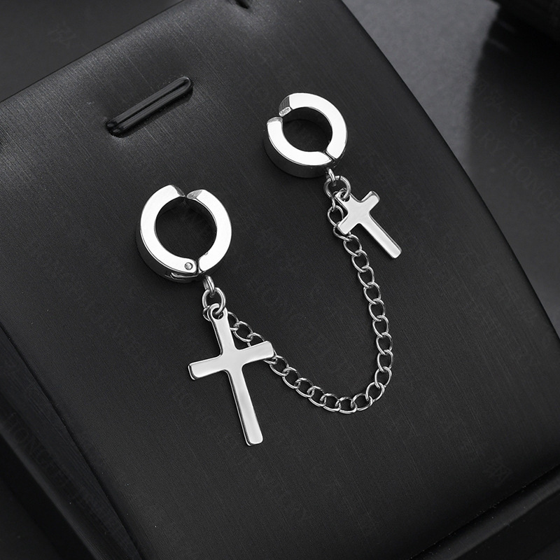 Original design simple cross earrings stainless steel personality chain men and women without pierced ears ear clip wholesale nihaojewelrypicture4