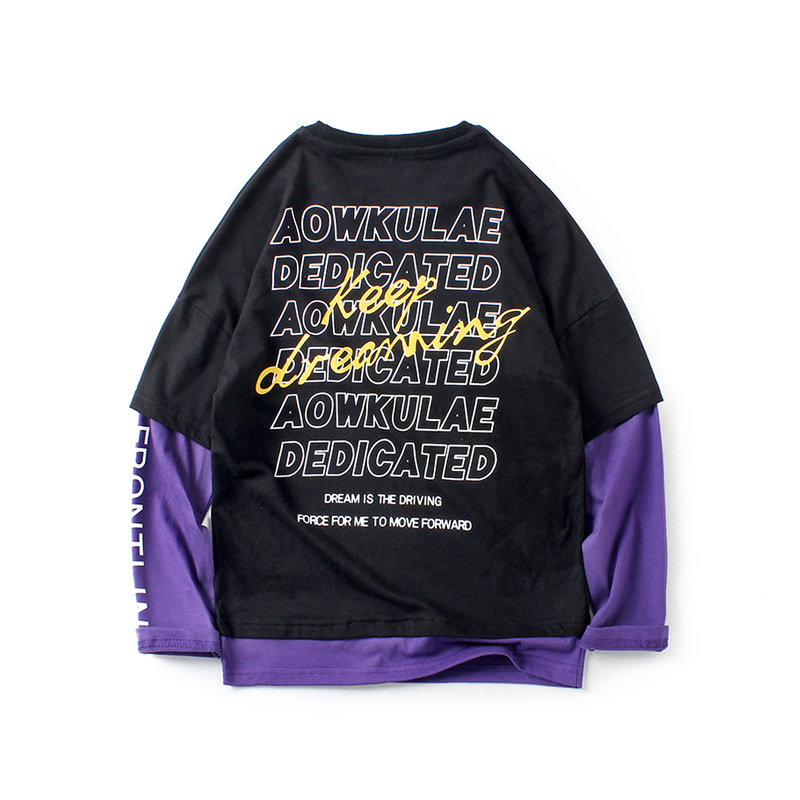 Primavera y otoño estilo coreano ropa para niños nueva camiseta de manga larga para niños medio y grande color de algodón para niños a juego camisa de fondo para niños de dos piezas falsas