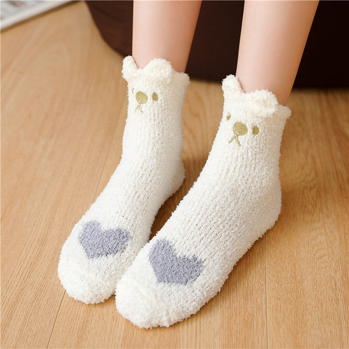 Winter coral velvet kitten paw floor sleeping socks plus velvet thickened warm terry cute socks winter women's mid-length socks