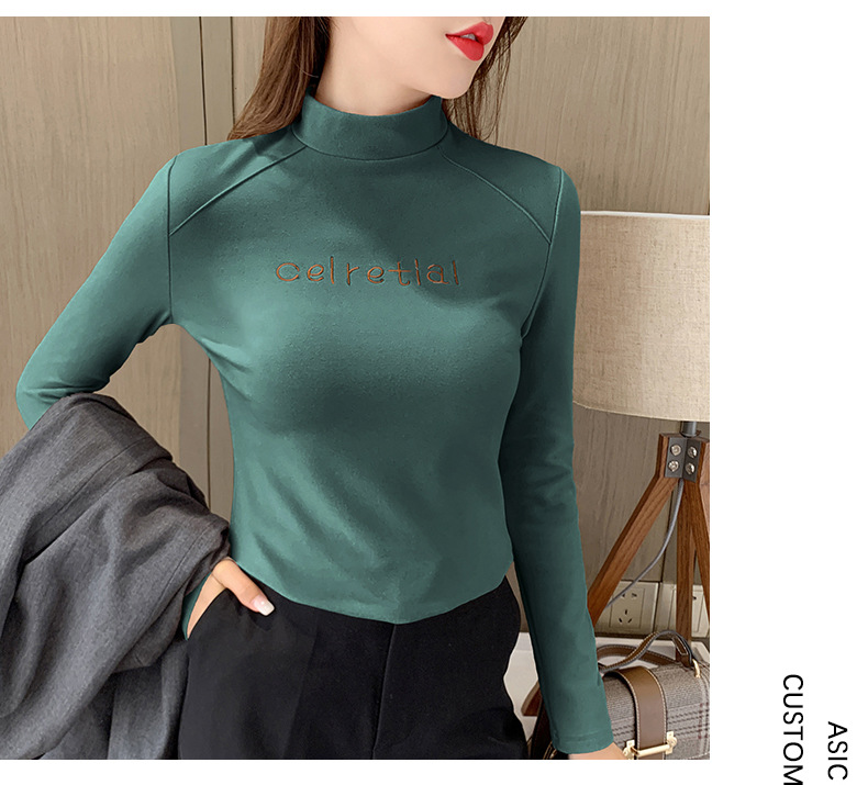 Ciepły, pluszowy sweter z półwysokim dekoltem dla kobiet, uniwersalny na jesień i zimę, nowy T-shirt z długim rękawem dla kobiet, stylowy top_voghion.com
