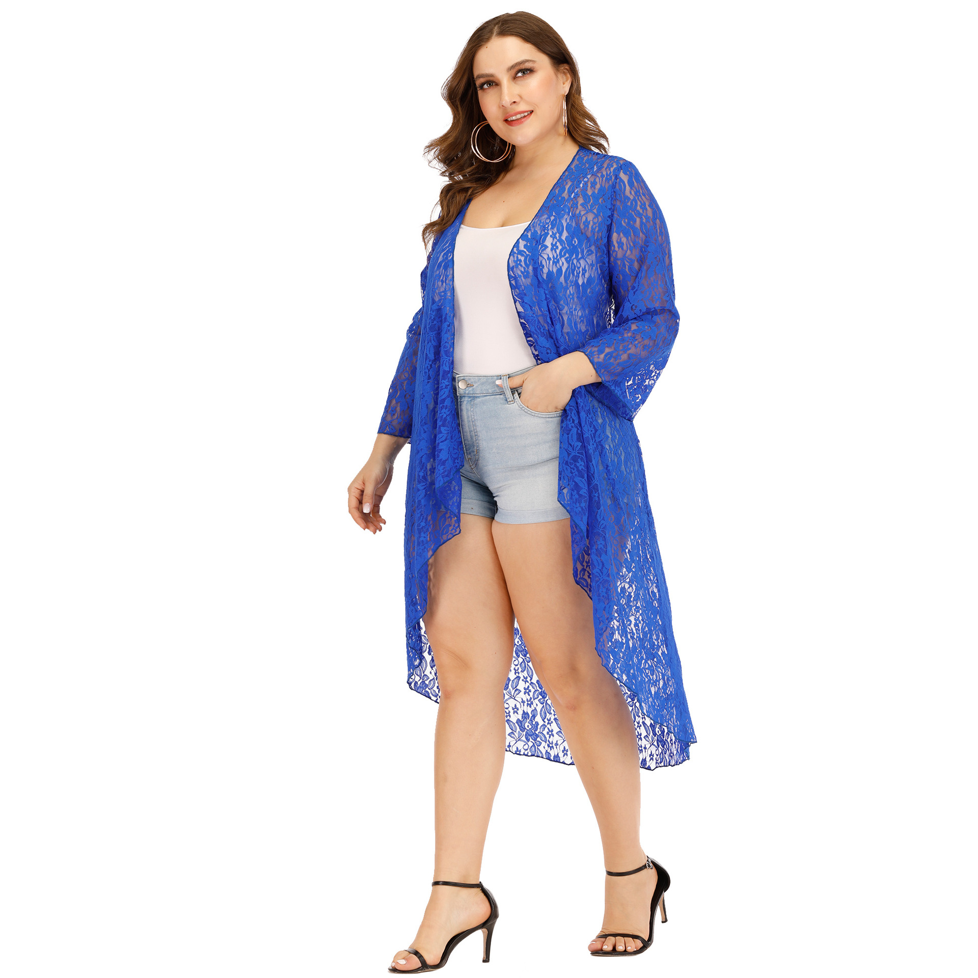 Plus size floral embroidere chiffon cardigan NSOY46238