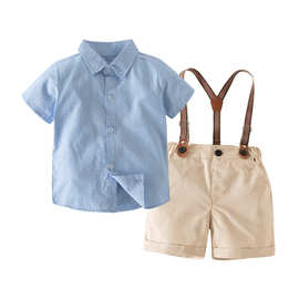 夏款礼服童装 男童婴儿绅士短袖衬衫+卡其色背带裤 三件童套装