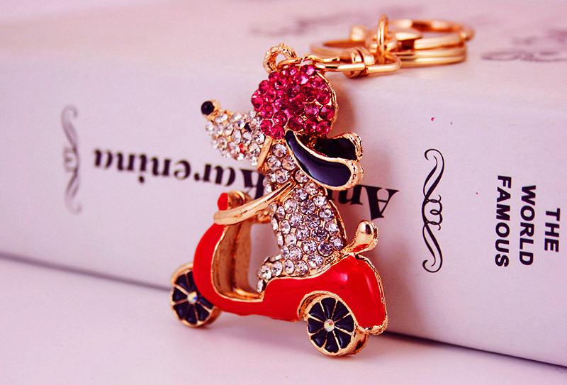 Kuxi Ornament Rhinestone Cartoon Cycling Puppy Car Key Ring Women's Bag Accessories Animal Metal Pendant display picture 6