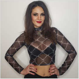 2020透明性感上衣高领长袖T恤爆款网纱荆棘印花透视黑色T恤现货