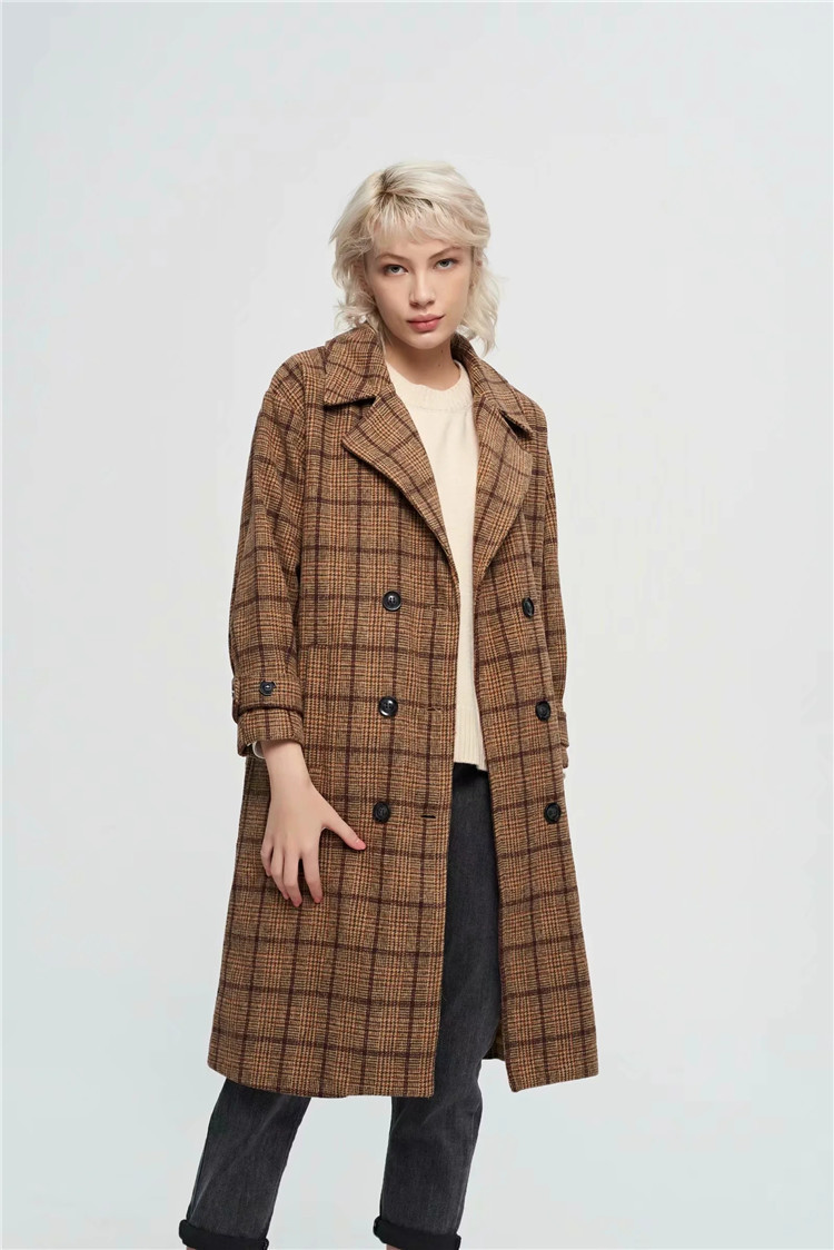 fashionable plaid double-breasted long woolen coat  NSLD11532