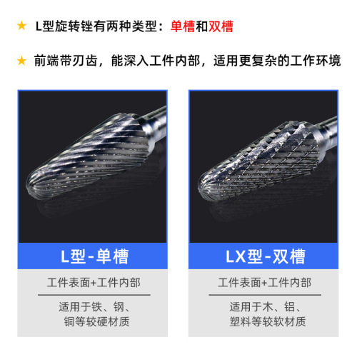 Tungsten steel grinding head carbide rotary file cone dome milling cutter metal grinding and engraving single and double groove L-shaped