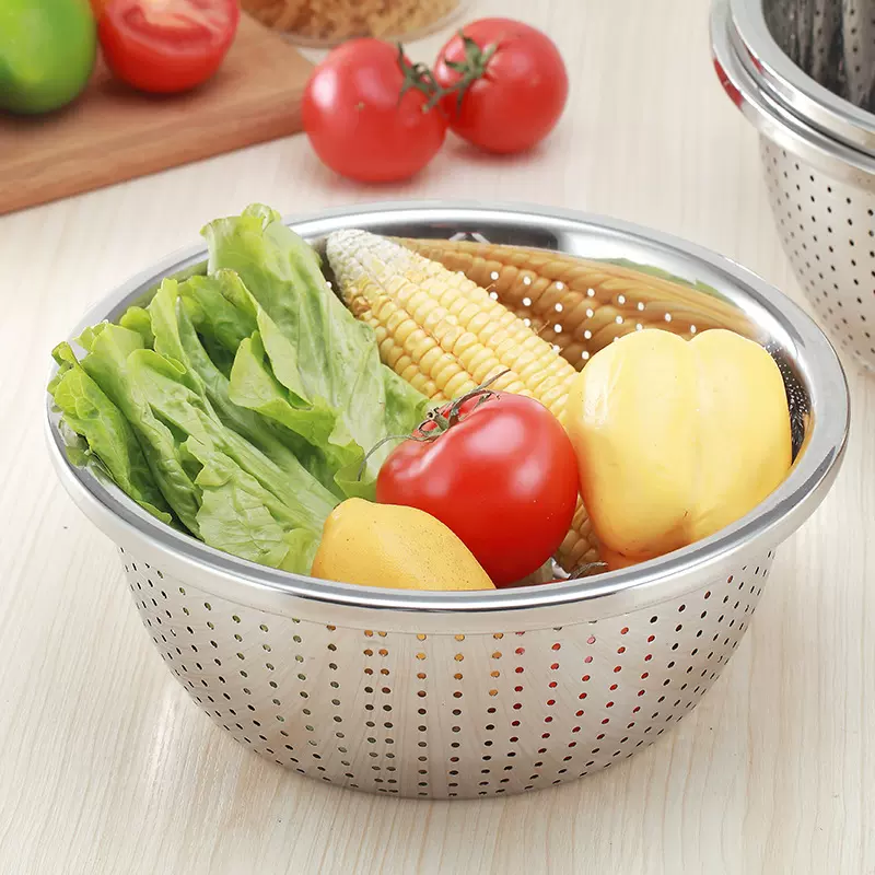 圆形不锈钢沥水盆加厚加深沥水筐果盘淘米筛洗菜盆漏盆谷物晾干篮