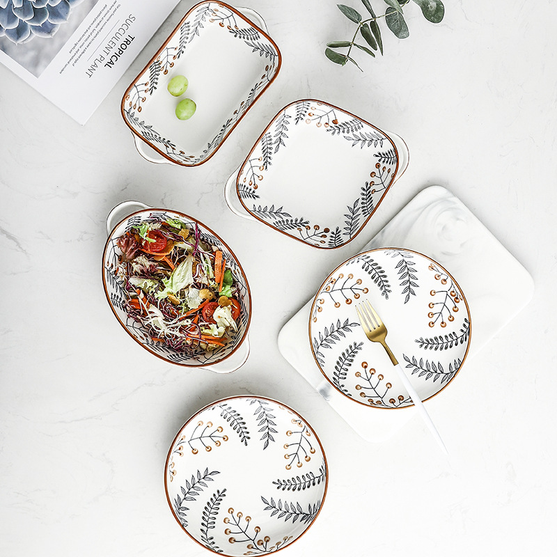 Bandeja de cocción pintada a mano de vena creativa bandeja de horno de microondas de cerámica bandeja de hornear queso bandeja de cocción de arroz al horno plato de ensalada de cerámica