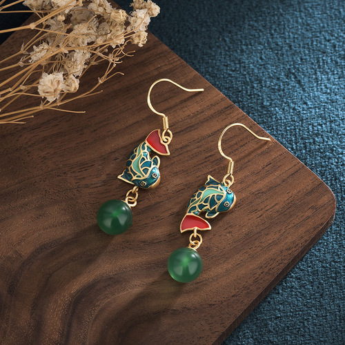 Palace style design Hanfu earrings ancient gold aquamarine cloisonne carp leaping over the dragon gate earrings inlaid with chrysoprase