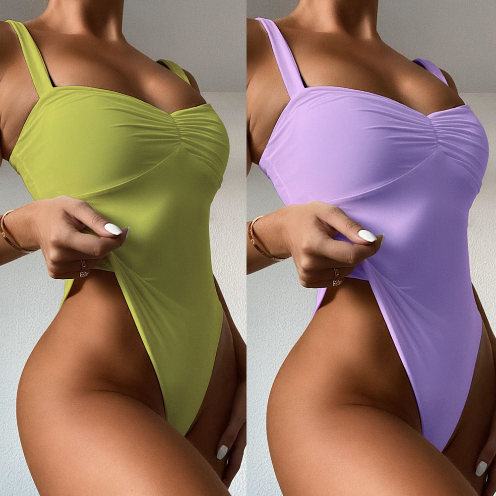 One-Piece Solid Color Wrinkled Sexy Swimsuit