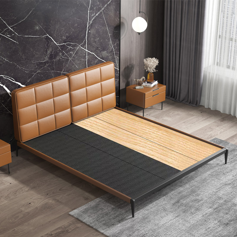Cama de cuero Yihai Xuan, cama de cuero genuino, cama grande doble para dormitorio principal, cama de matrimonio de cuero genuino de 1.8 m, cama tapizada, estilo minimalista italiano.