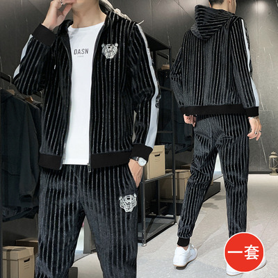 秋冬季衛衣套裝大碼男裝銀狐金絲絨男式休閑套裝男士羊羔絨運動裝