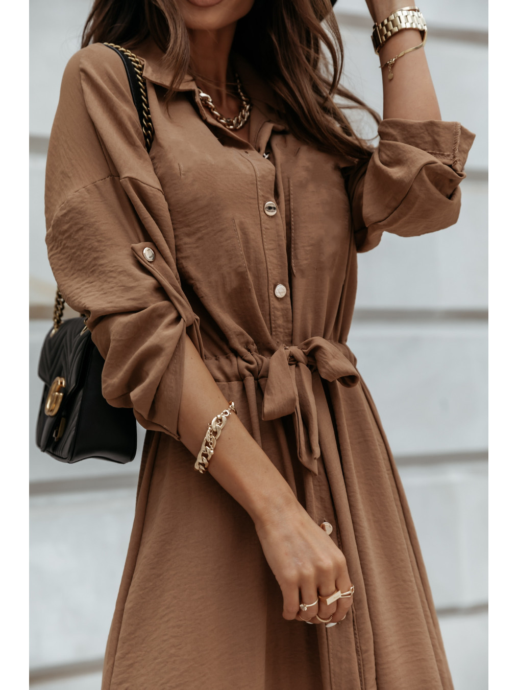 fall/winter hot style solid color collar and sleeves buttoned waist belt shirt dress  NSYD6379