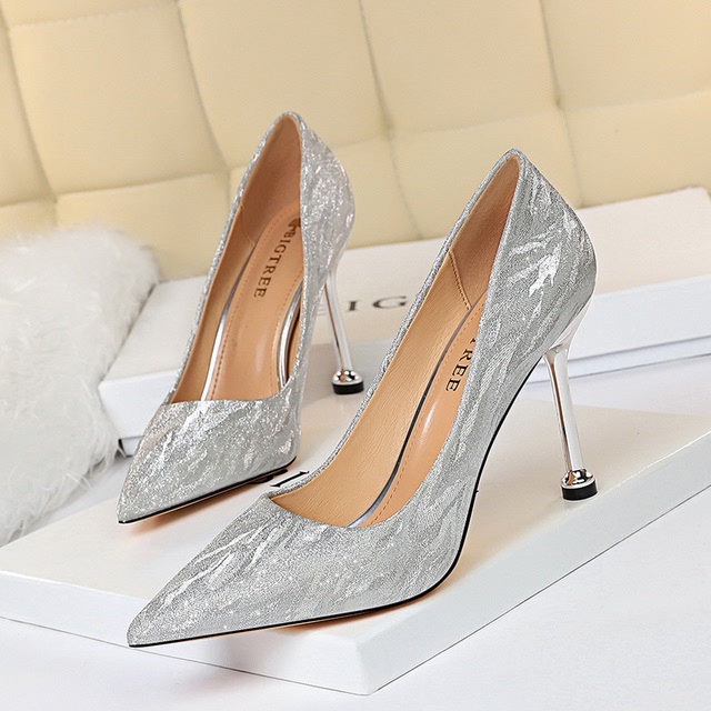 0755-a6 European and American fashion sexy banquet women’s shoes thin heel high heel shallow mouth pointed Sequin women’