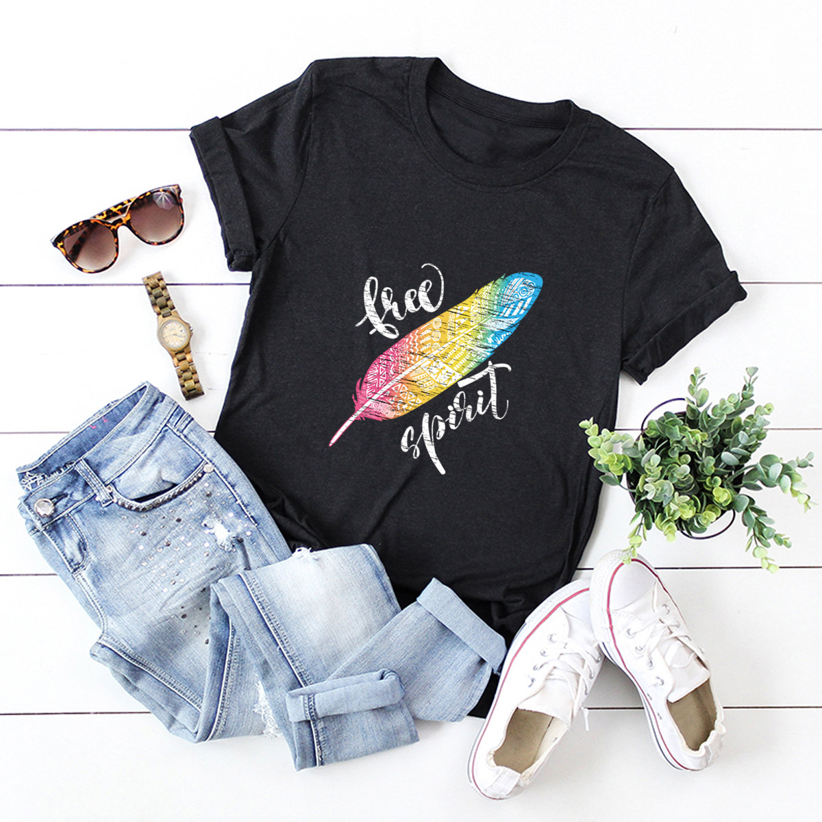 casual feather print short-sleeved women's T-shirt NSSN1783