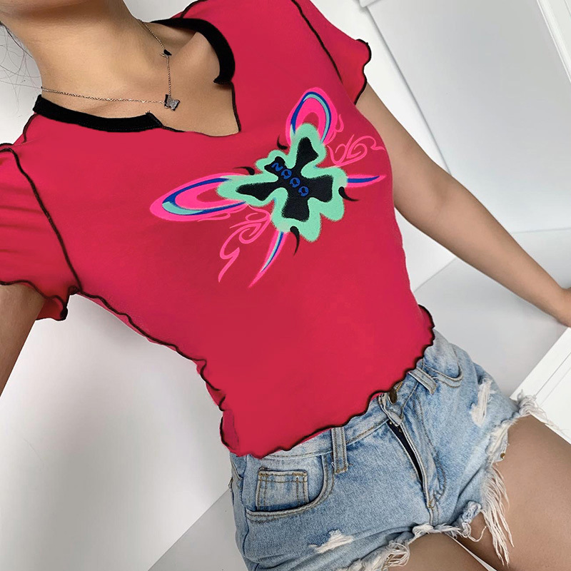 Butterfly Printed V-neck Fashion All-match T-shirt NSXE38772