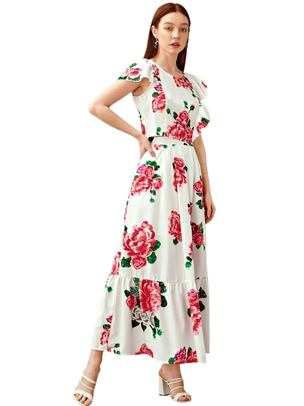 summer new fashion bohemian print floral lotus leaf beach long dress top set NSDF120