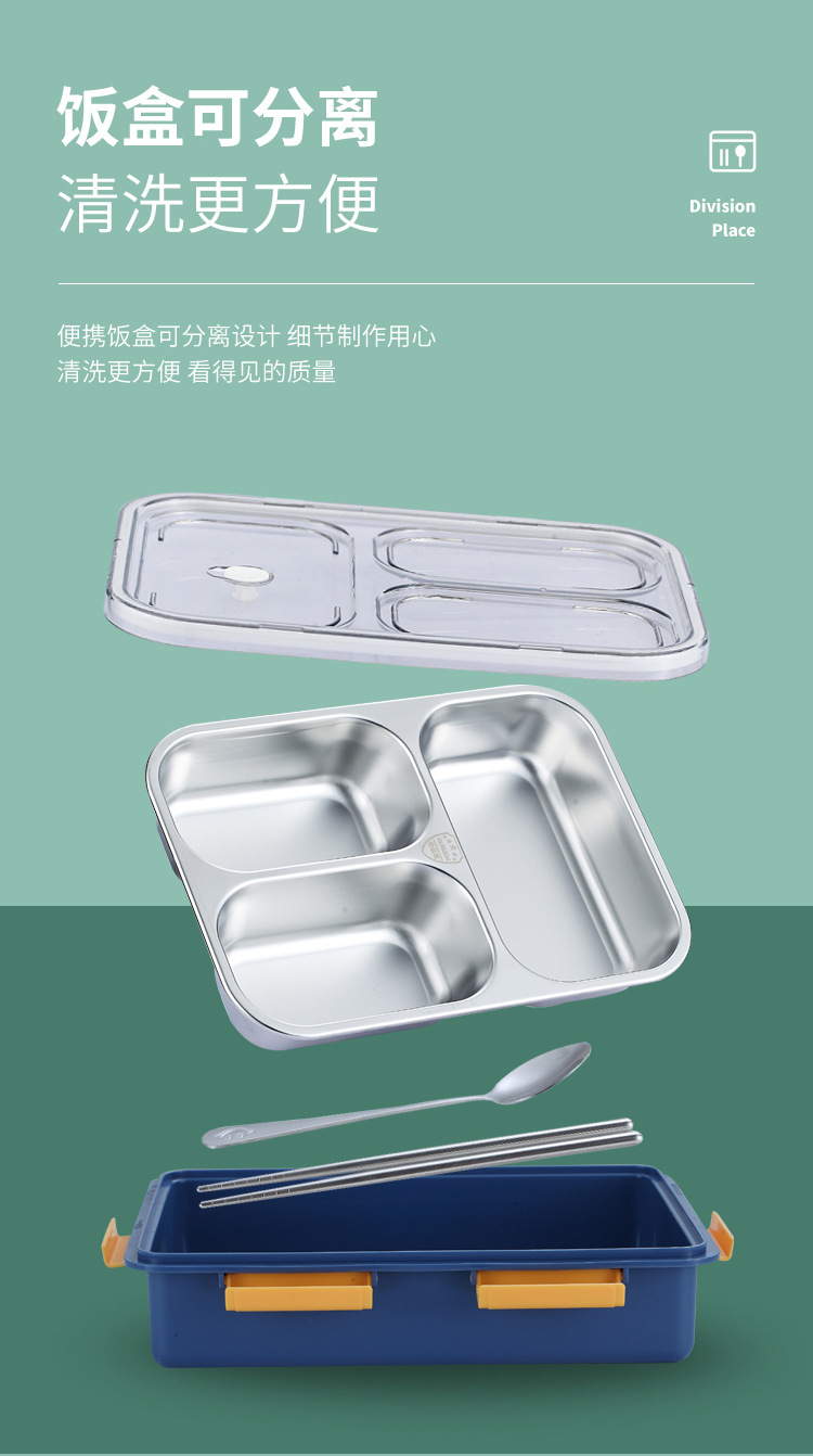 新款304不锈钢可注水保温饭盒 上班族学生三格午餐盒方形便当盒详情4