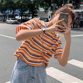 2020新款彩虹条纹t恤女ins网红短款短袖女露脐短款百搭学生女上衣