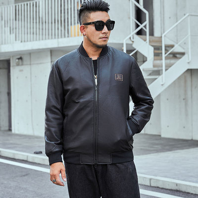 新款呼吸皮外套棒球领皮夹克皮衣男加肥加大码休闲皮|ru