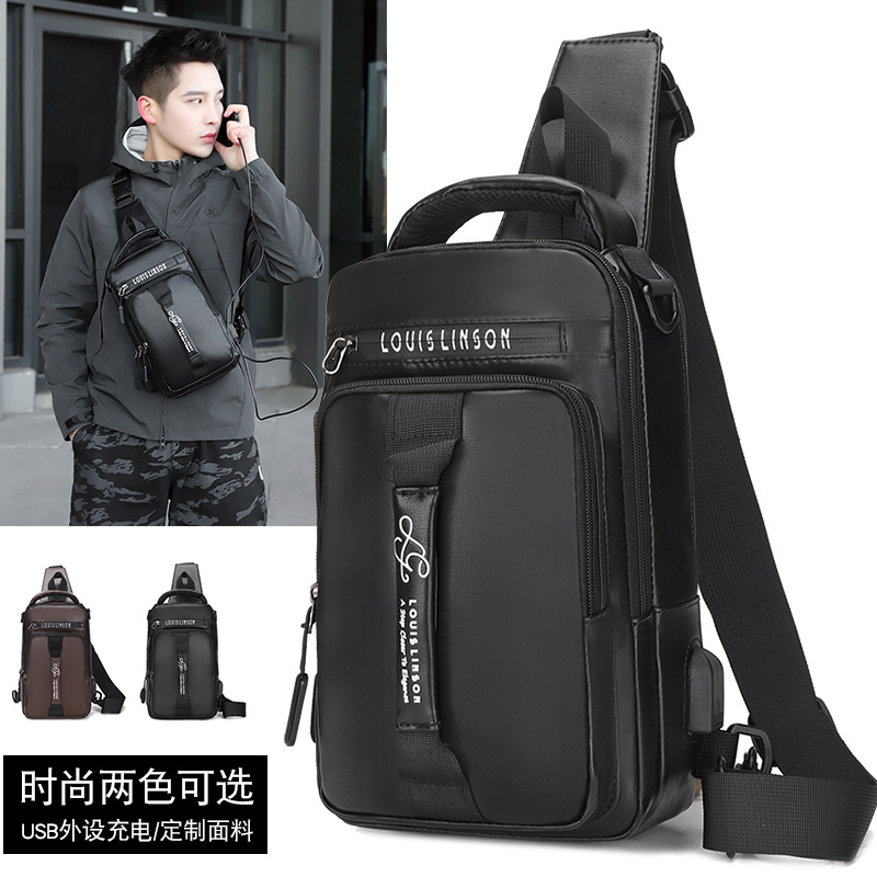 亚马逊新款男士胸包定制PU皮单肩包斜跨包运动休闲双肩小背包男包