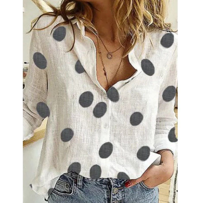 Cross-border AliExpress polka dot printed casual long sleeve linen shirt ladies wish Amazon autumn and winter new women's clothing