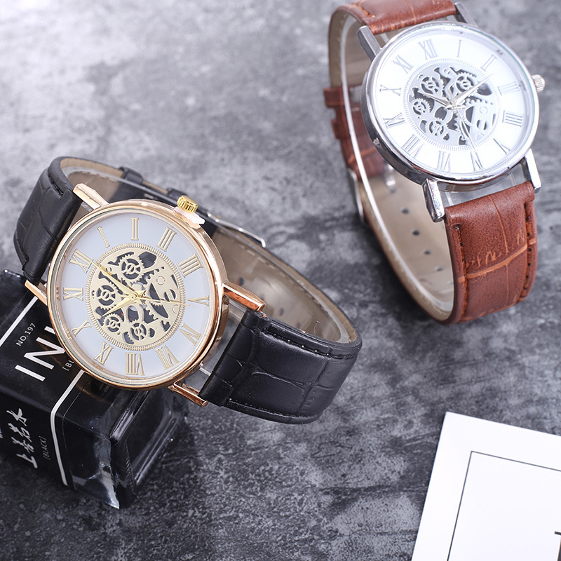 Sales Leisure Couple Roman Hollow Fashion Mechanical Quartz Belt Watch_voghion.com