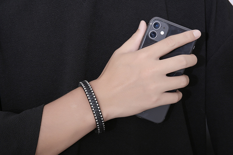 Leather Jewelry Stainless Steel Braided Leather Cord Cowhide Steel Ball Bracelet