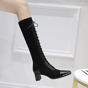 Thick heel high heel metal square head suede stitching cross lace up high boots