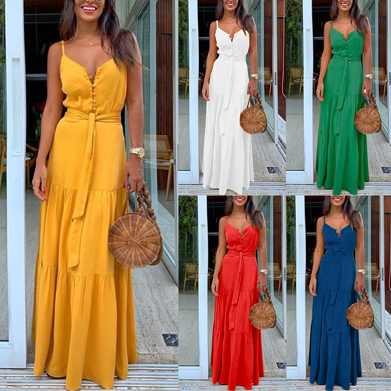 Women's Strap Dress Ruffled Skirt Elegant V Neck Belt Sleeveless Solid Color Maxi Long Dress Daily display picture 1