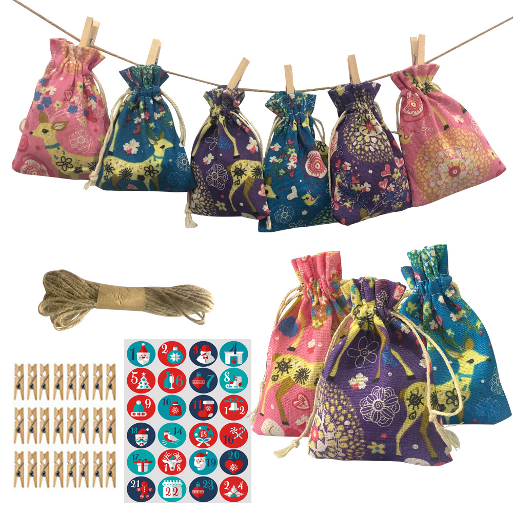 三色圣诞小鹿棉布礼品袋 抽绳束口糖果礼物包装收纳袋礼品袋套装