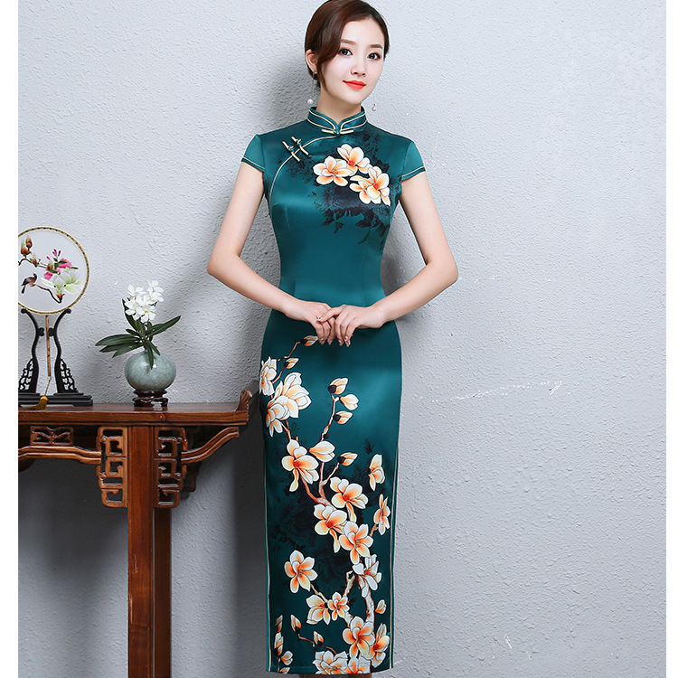 Silk short sleeve printed chinese dress cheongsam for women summer Republic of China style retro girl improved cheongsam skirt