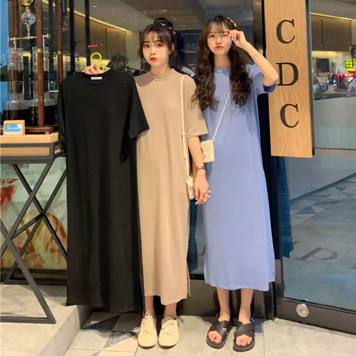长款T恤裙女夏季韩版宽松显瘦时尚短袖连衣裙潮洋气减龄过膝长裙