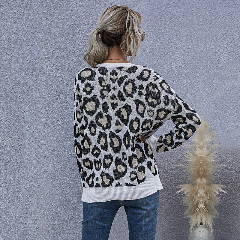 Leopard print v-hals stil strikket sweater trøje_voghion.com