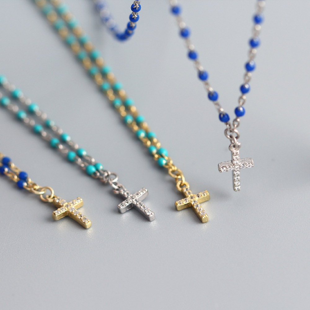 18K Real Gold Plated, Platinum Plated Plating Material 925 Sterling Silver Pendant Material 925 Sterling Silver Zircon Epoxy Inlay Cross Pendant Necklace