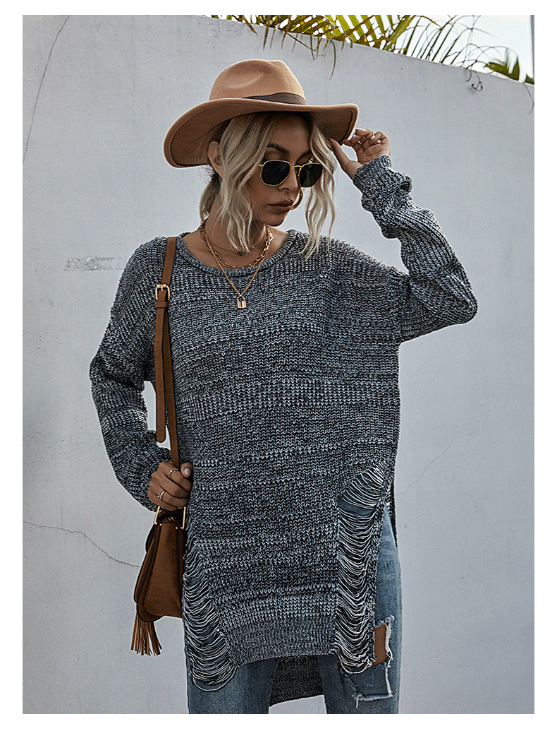 Einfarbiger, langärmeliger Rundhalspullover mit Rissen im Waldstil_voghion.com