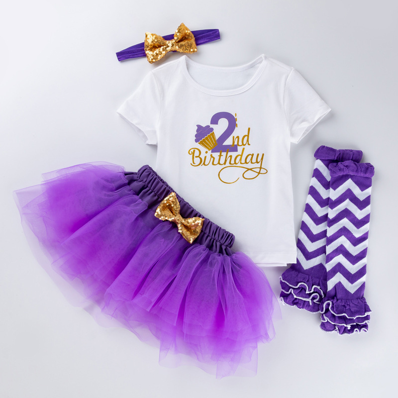 Baby birthday party dresses girl birthday dress one year old cartoon mother  short sleeve T-shirt princess skirt socks