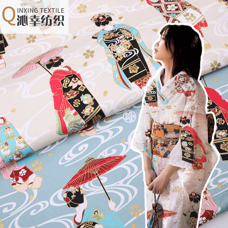 现货供应 日系和风布料烫金弹力贡缎艺妓改良旗袍和服裙装面料
