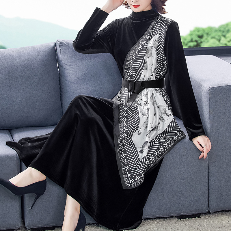 高领名媛气质贵夫人修身显瘦时尚连衣裙丝绒拼接印花丝巾大摆裙