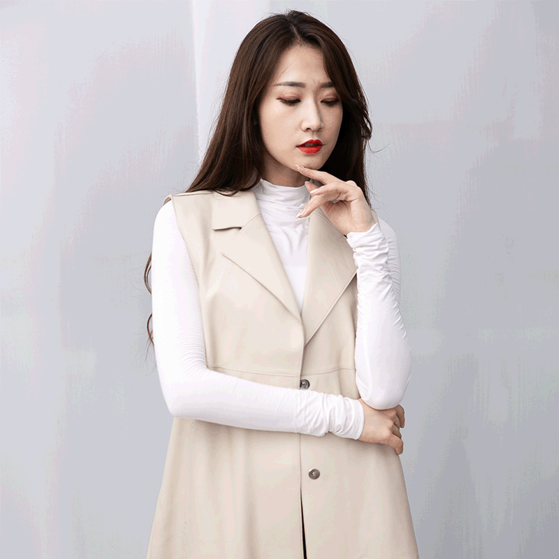 Women's Spring and Autumn sheepskin leather mid-length coat Korean-style elegant commuter sleeveless vest windbreaker slim fit
