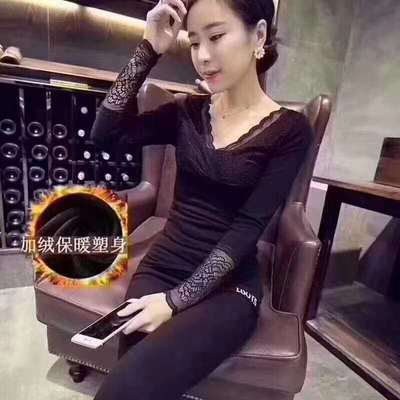 wechat Business Explosive money fashion V-neck Plush thickening keep warm shape goddess Lace Mosaic Versatile keep warm jacket