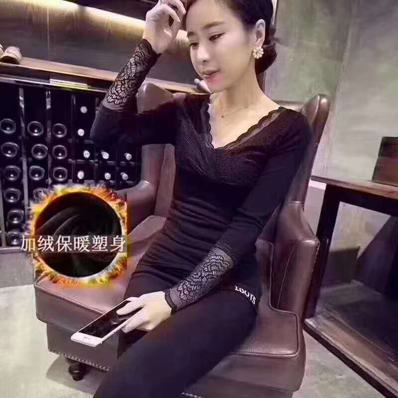 wechat Business Explosive money fashion V-neck Plush thickening keep warm shape goddess Lace Mosaic Versatile keep warm jacket