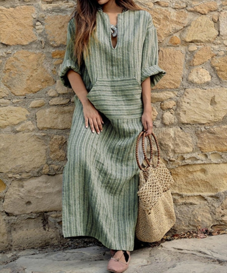 232g Weight Maxi Long Dress Dress Length Type 3/4 Length Sleeve Sleeve Length Regular Dress Dresses Type Regular Sleeve Sleeve Type Linen Fabric Type Mid Waist Waist Line Holiday Occasion V Neck Neckline Regular Fit Fit Type Stripe Pattern Summer Season Women'S Gender Patchwork Design Simple Style Style Wholesale Women'S Simple Style Patchwork Stripe Holiday V Neck 3/4 Length Sleeve Regular Dress