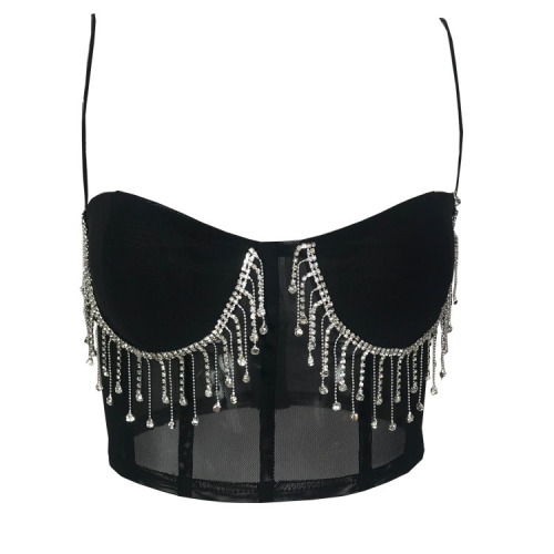 Women jazz night dance bling bra tops One collar sexy vest for women nightclub with Rhinestone tassel sling