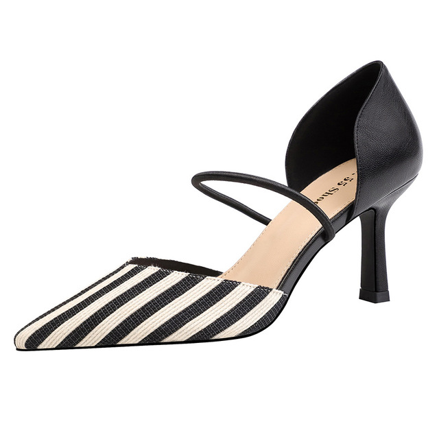 Sexy pointy striped high-heeled sandals with color block