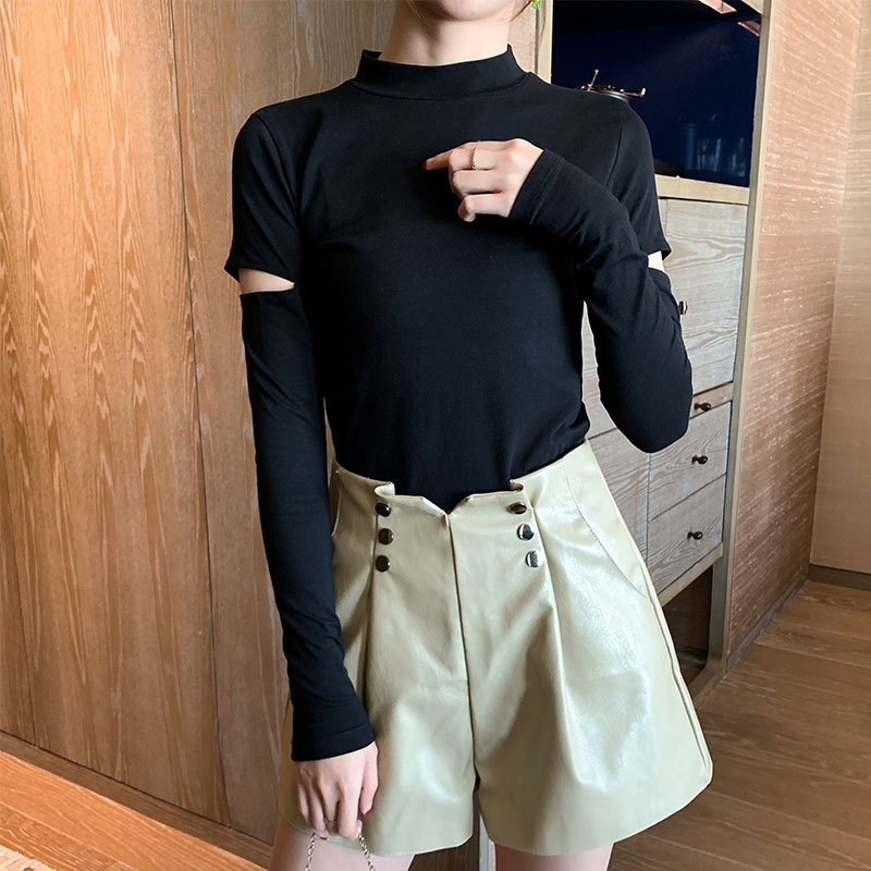 Women's Long-Sleeved Turtleneck Bottoming Shirt 2023 Autumn and Winter Basic T-Shirt Women's Pure Color Ripped Elbow Ts2132