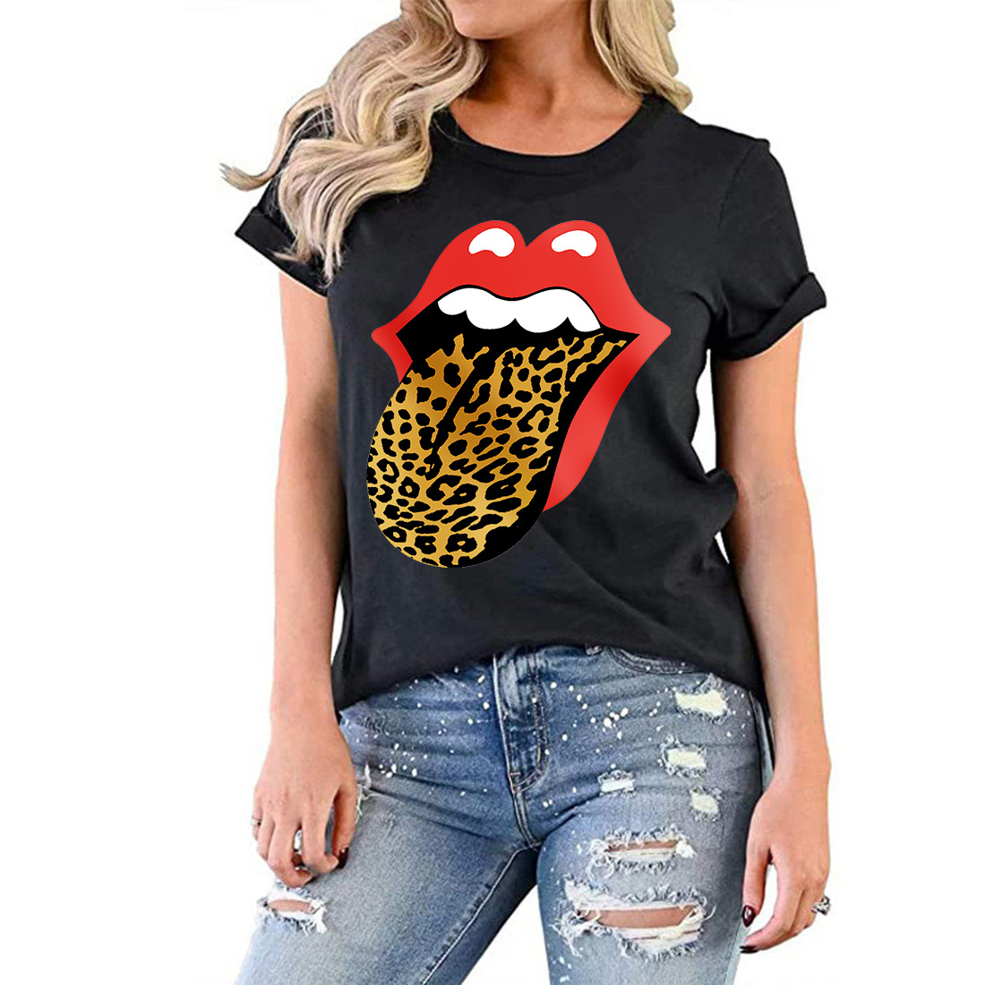 Ladies Leopard Print Lip  Round Neck Short Sleeve T-shirt nihaostyles clothing wholesale NSZZF70946