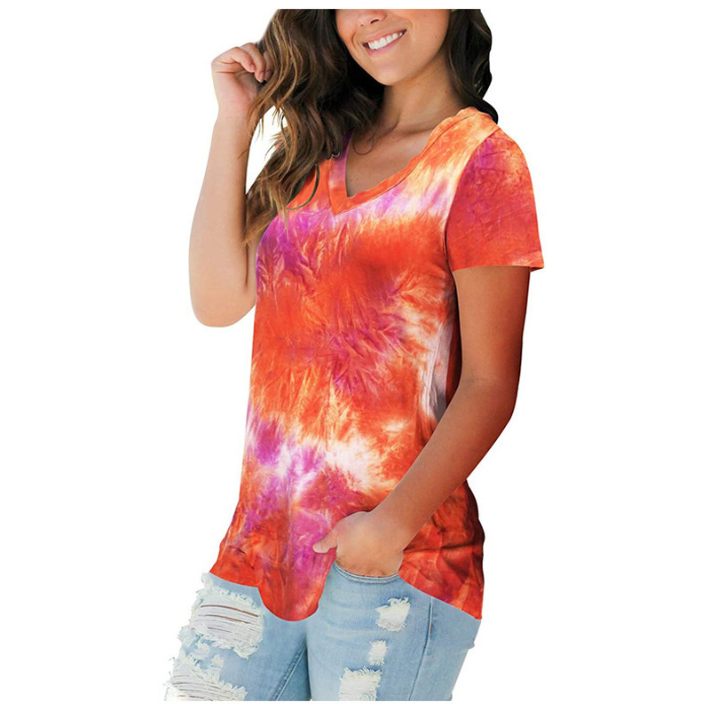 V-Neck Loose Tie-Dye Short-Sleeved T-Shirt NSLGY111053